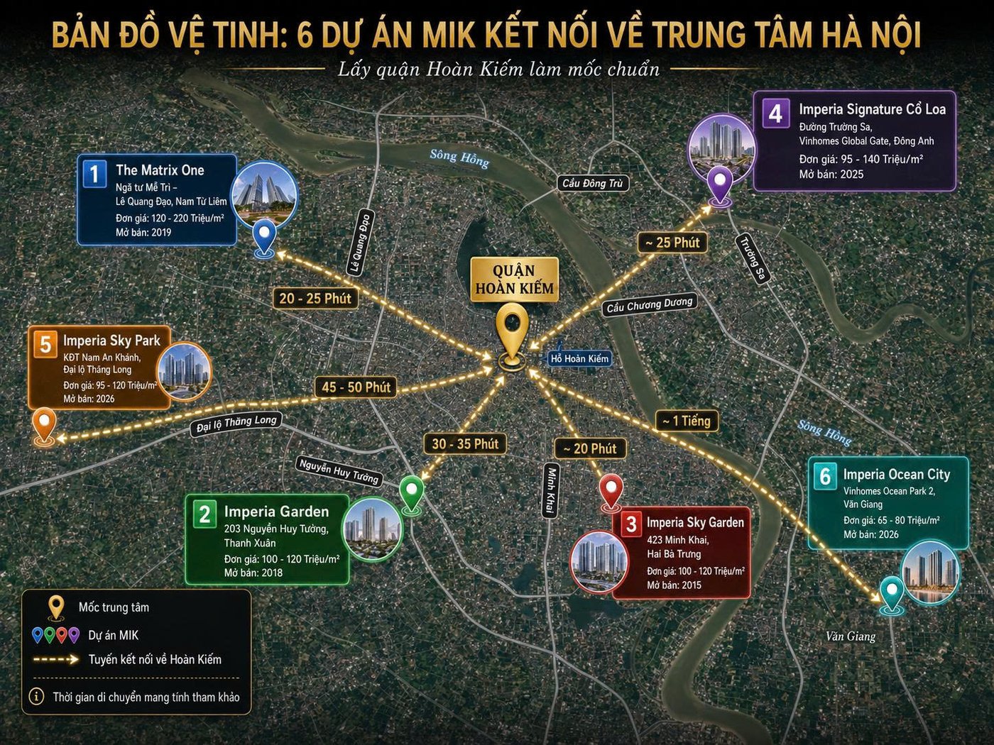 Bản đồ vệ tinh 6 dự án MIK kết nối về trung tâm Hà Nội